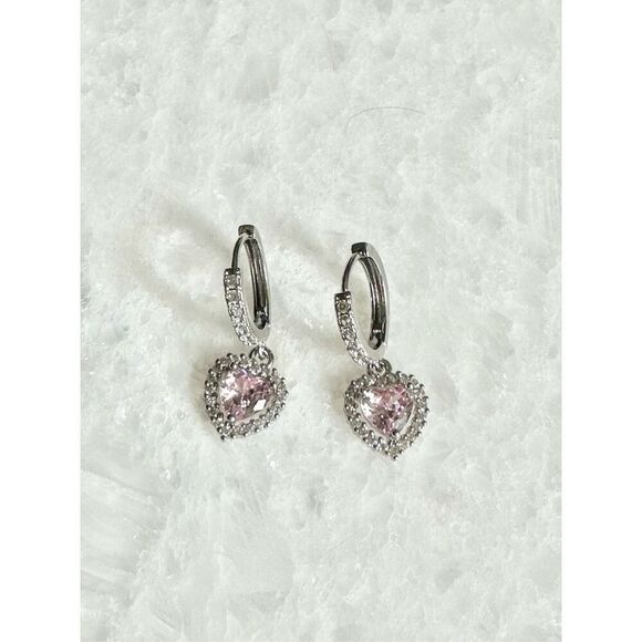 Light pink cubic zirconia, heart shaped dangle earrings ￼ - Picture 4 of 5